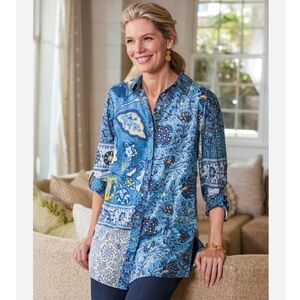Soft Surroundings Linda Big Button Lightweight Shirt Blue size 2X